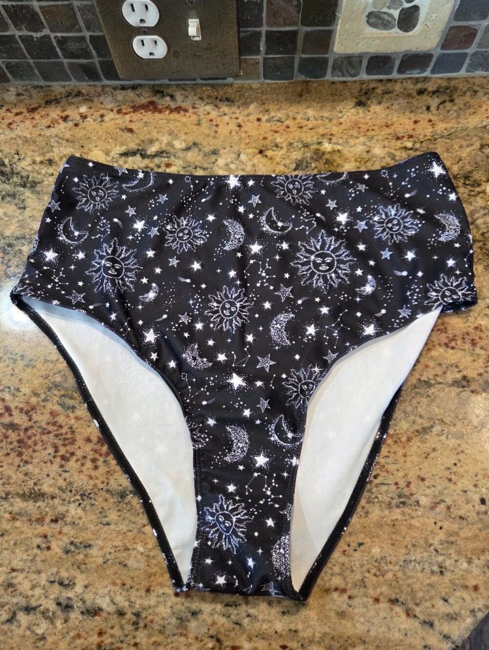 Shein Women's Size 1XL Black High Rise Bikini Swim Bottom New Moon Sun Celestial